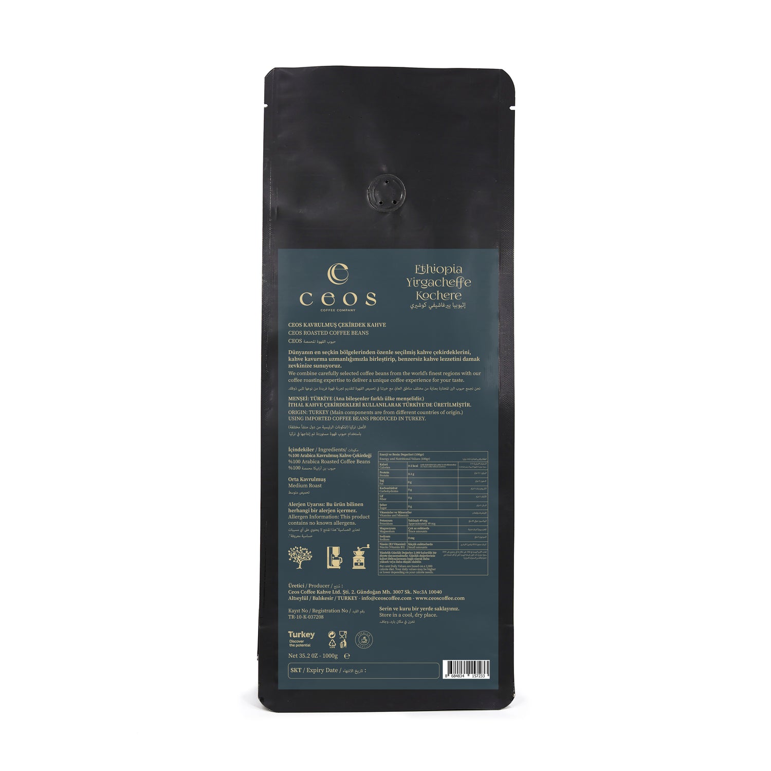 ETHIOPIA YIRGACHEFFE KOCHERE KAVRULMUŞ ÇEKİRDEK KAHVE (1KG)